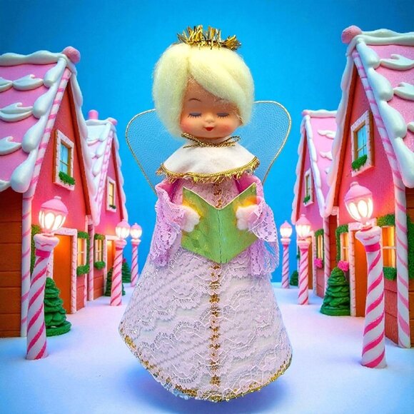 Vintage Pink Lace Angel Tree Topper Gold Halo Tulle Wings Foil Hymn Book 1960s - Picture 1 of 10